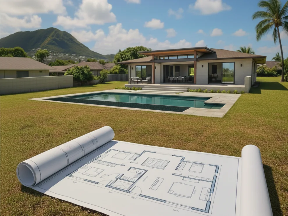A modern house with a backyard pool, a green lawn, and a rolled-out blueprint on the grass, with a mountain and palm trees in the background under a blue sky with clouds.